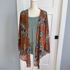 Floral Open-Front Kimono Cardigan in Rust and Sage